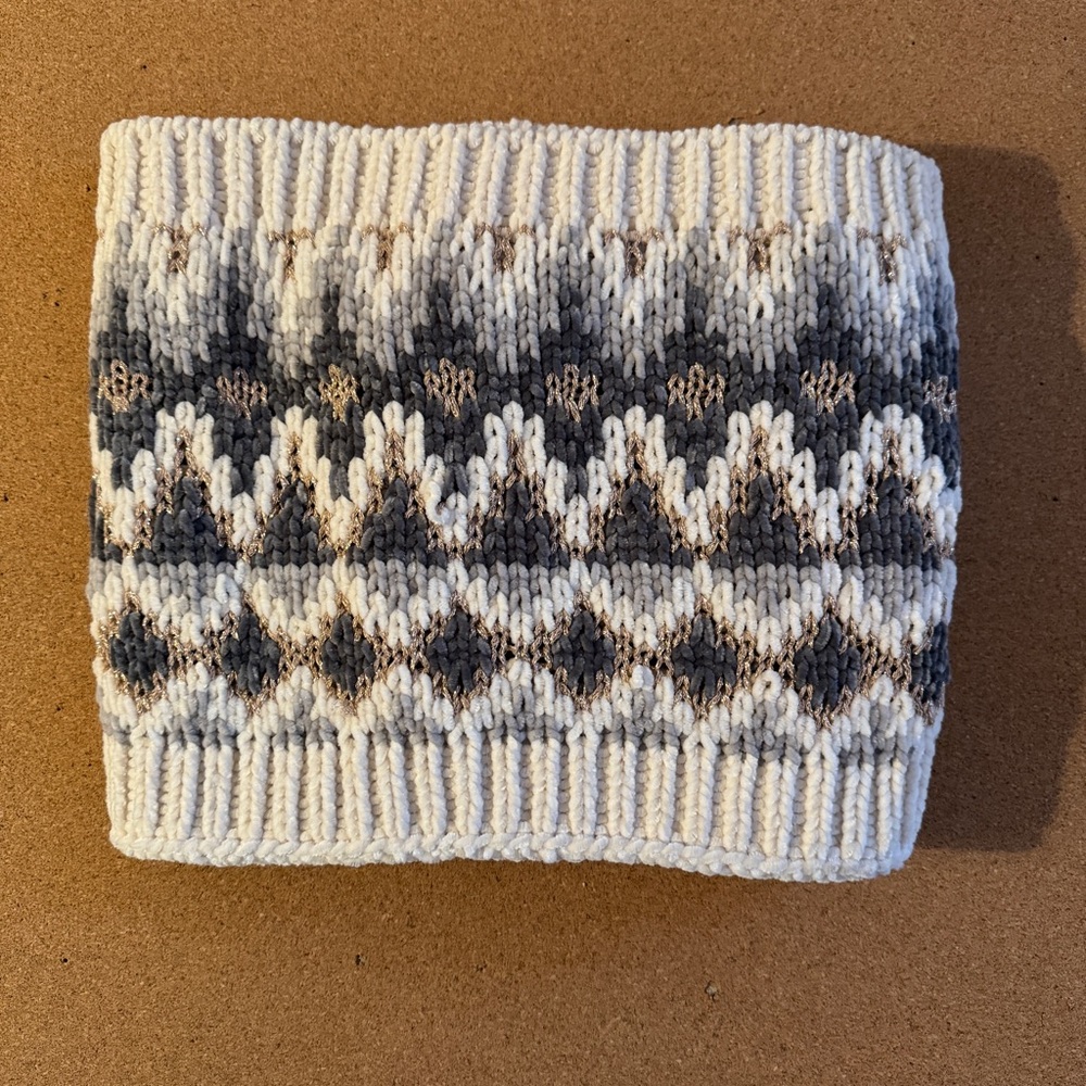 Fair Isle Infinity Scarf Cream Gray Metallic Bronze Knit Winter Cowl Loop Cozy